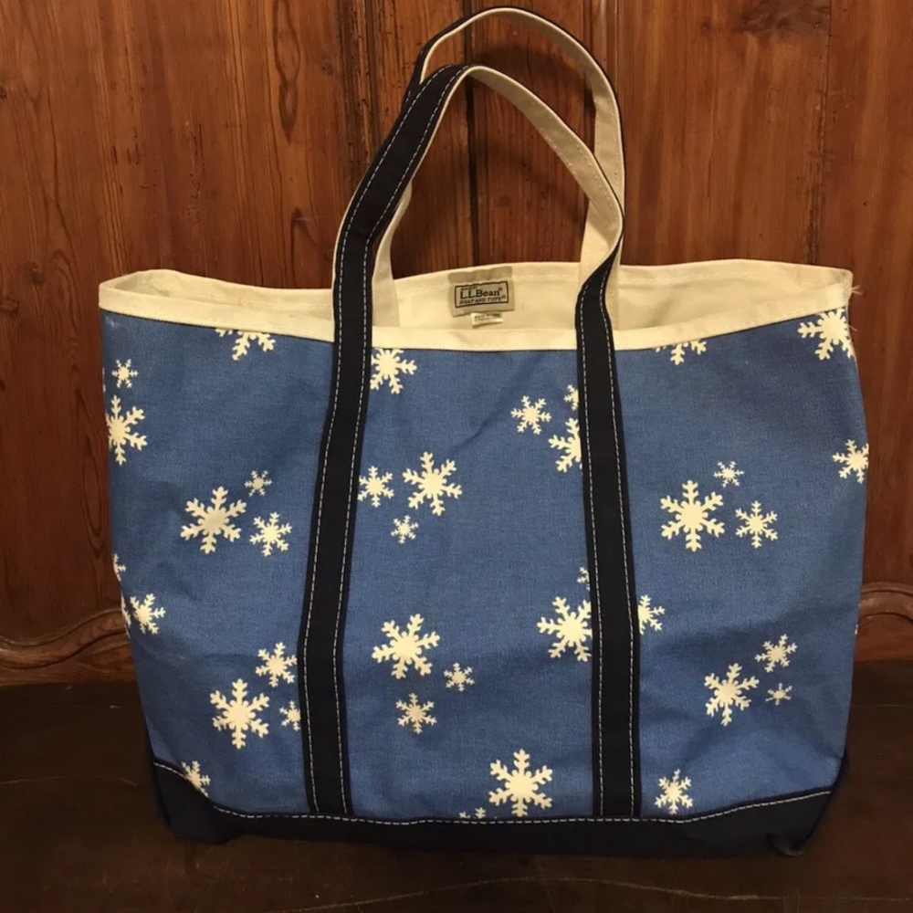 Vintage LL Bean Boat and Tote Bag RARE SNOW FLAKE PRINT Christmas USA